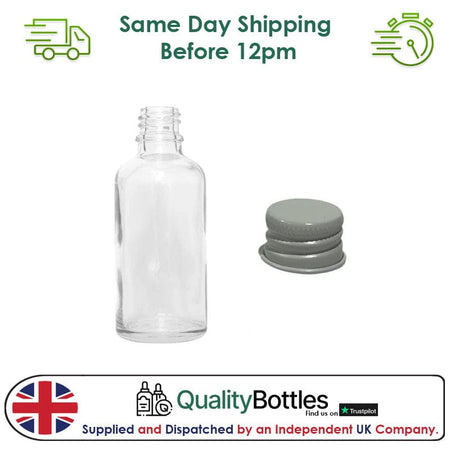 50ml Clear Glass Dropper Bottle with White DIN18 Cap - Pack of 12