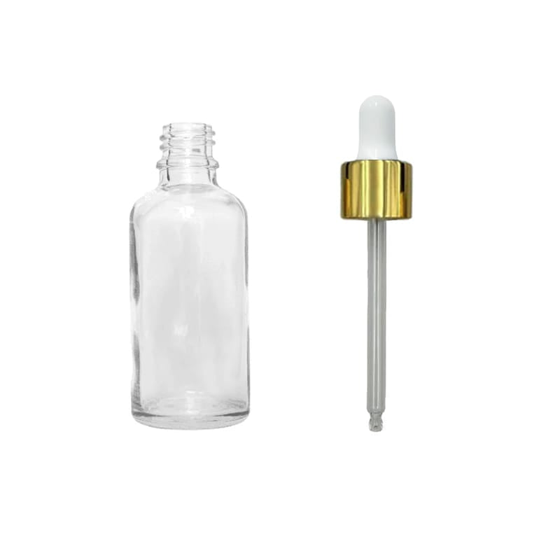 50ml Clear Glass Dropper Bottle with White & Gold Dropper