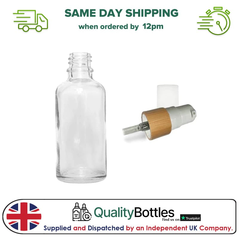 50ml Clear Glass Dropper Bottle with White Lotion Pump with Bamboo Collar and Clear Over Cap - Pack of 12