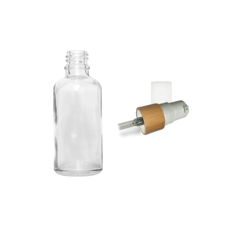50ml Clear Glass Dropper Bottle with White Lotion Pump with Bamboo Collar and Clear Over Cap