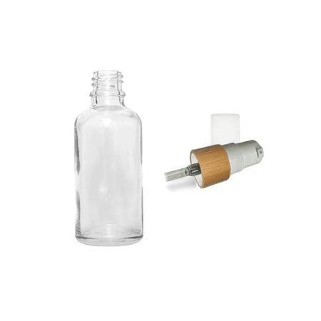50ml Clear Glass Dropper Bottle with White Lotion Pump with Bamboo Collar and Clear Over Cap