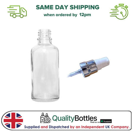50ml Clear Glass Dropper Bottle with White Lotion Pump with Silver Collar and Clear Over Cap - Pack of 12