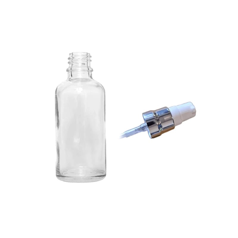 50ml Clear Glass Dropper Bottle with White Lotion Pump with Silver Collar and Clear Over Cap