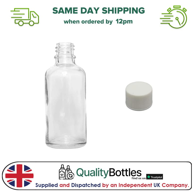 50ml Clear Glass Dropper Bottle with White PP Wadded Cap DIN 18mm - Pack of 12