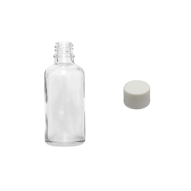 50ml Clear Glass Dropper Bottle with White PP Wadded Cap DIN 18mm
