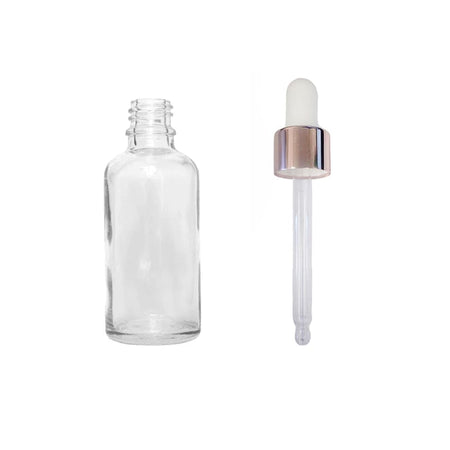50ml Clear Glass Dropper Bottle with White & Rose Gold Dropper