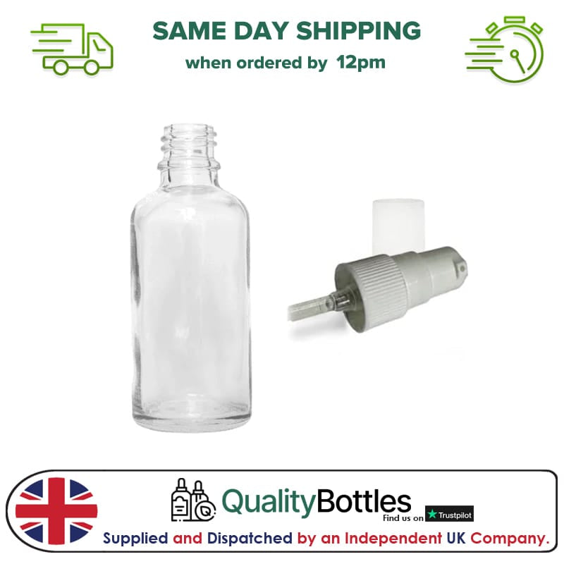 50ml Clear Glass Dropper Bottle with White Tamper Evident Lotion Pump and Clear Over Cap (Type III) - Pack of 12