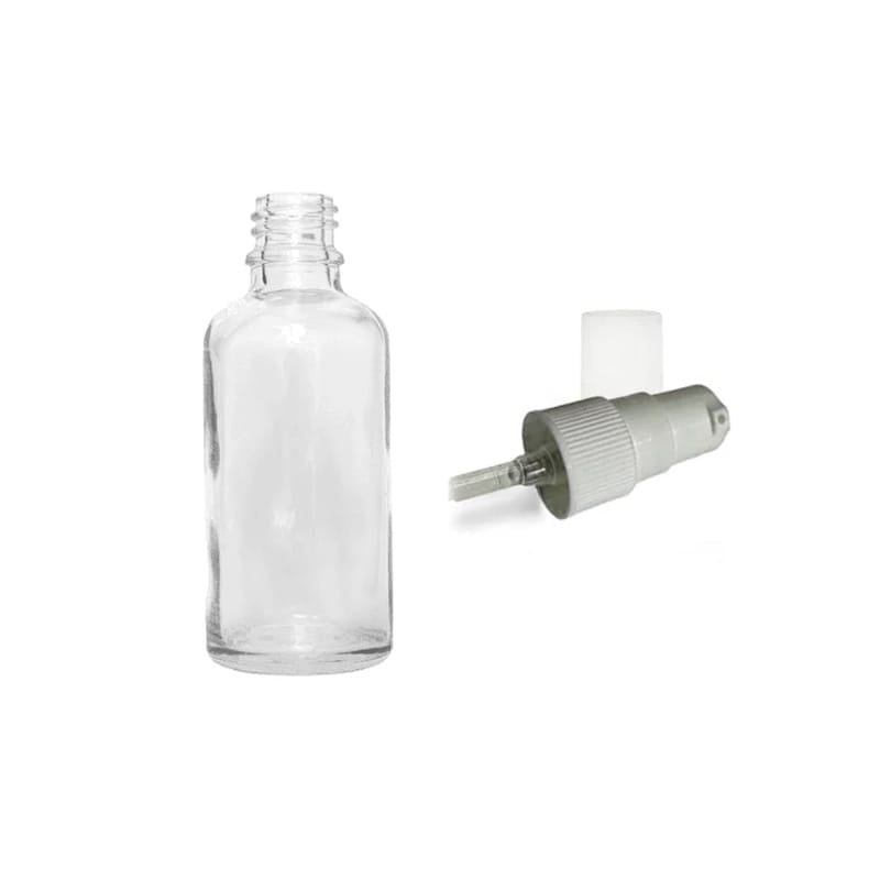 50ml Clear Glass Dropper Bottle with White Tamper Evident Lotion Pump and Clear Over Cap (Type III)
