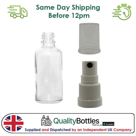 50ml Clear Glass Dropper Bottle with White TE Atomiser - Pack of 12