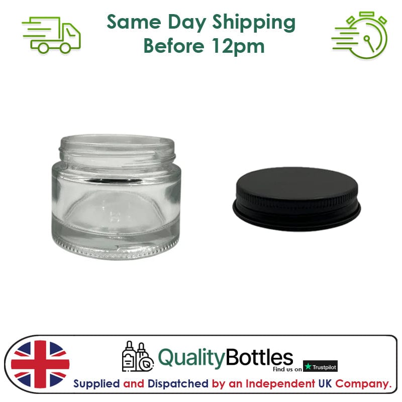 50ml Clear Glass Jar With Matte Black Aluminium Lid - Pack of 15
