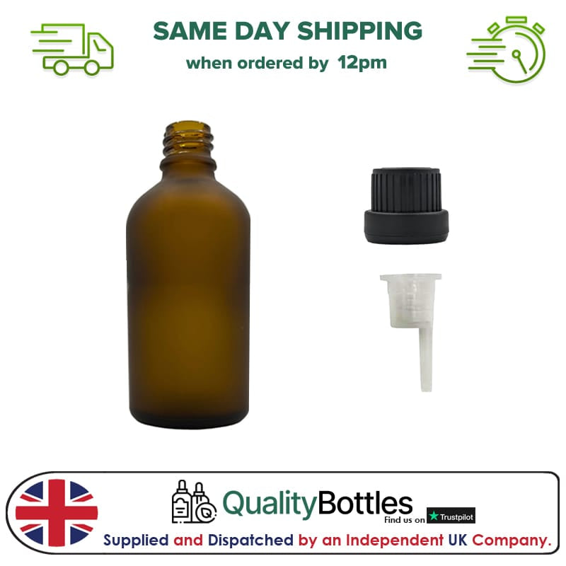 50ml Frosted Amber Glass Dropper Bottle with 1.0mm Dripper Insert and Tamper Evident Black Cap (Type III) - Pack of 12