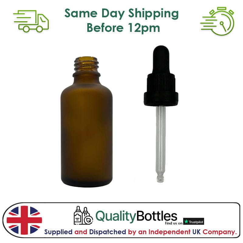 50ml Frosted Amber Glass Dropper Bottle with 50ml Black TE BEP - Pack of 12