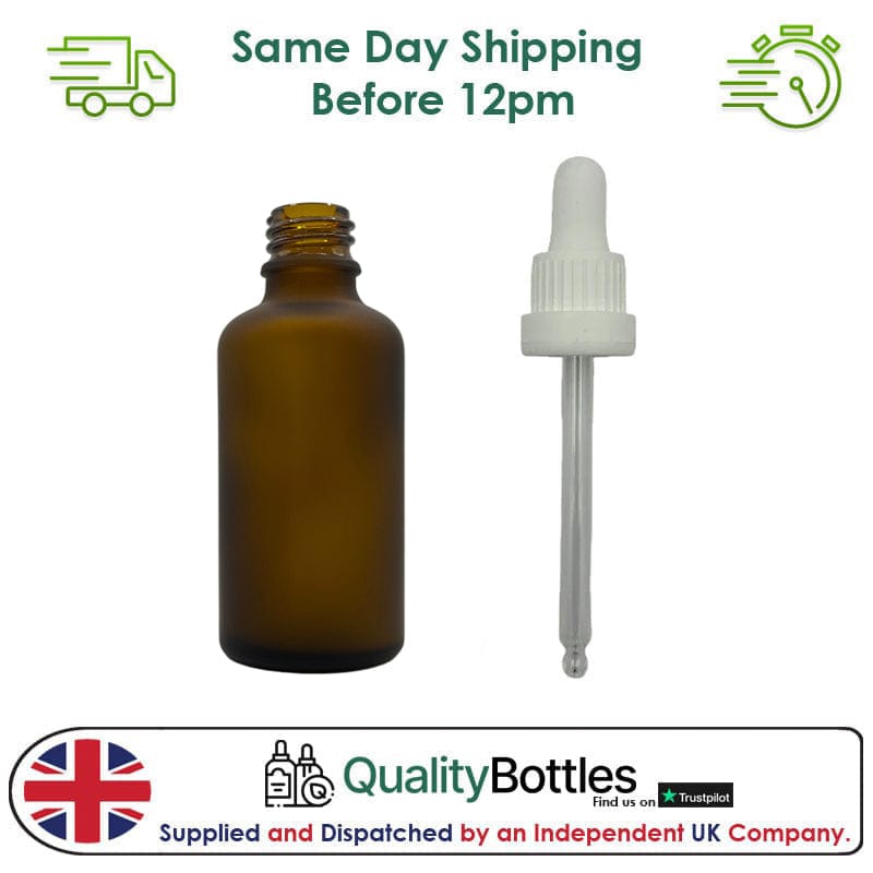 50ml Frosted Amber Glass Dropper Bottle with 50ml White TE BEP - Pack of 12
