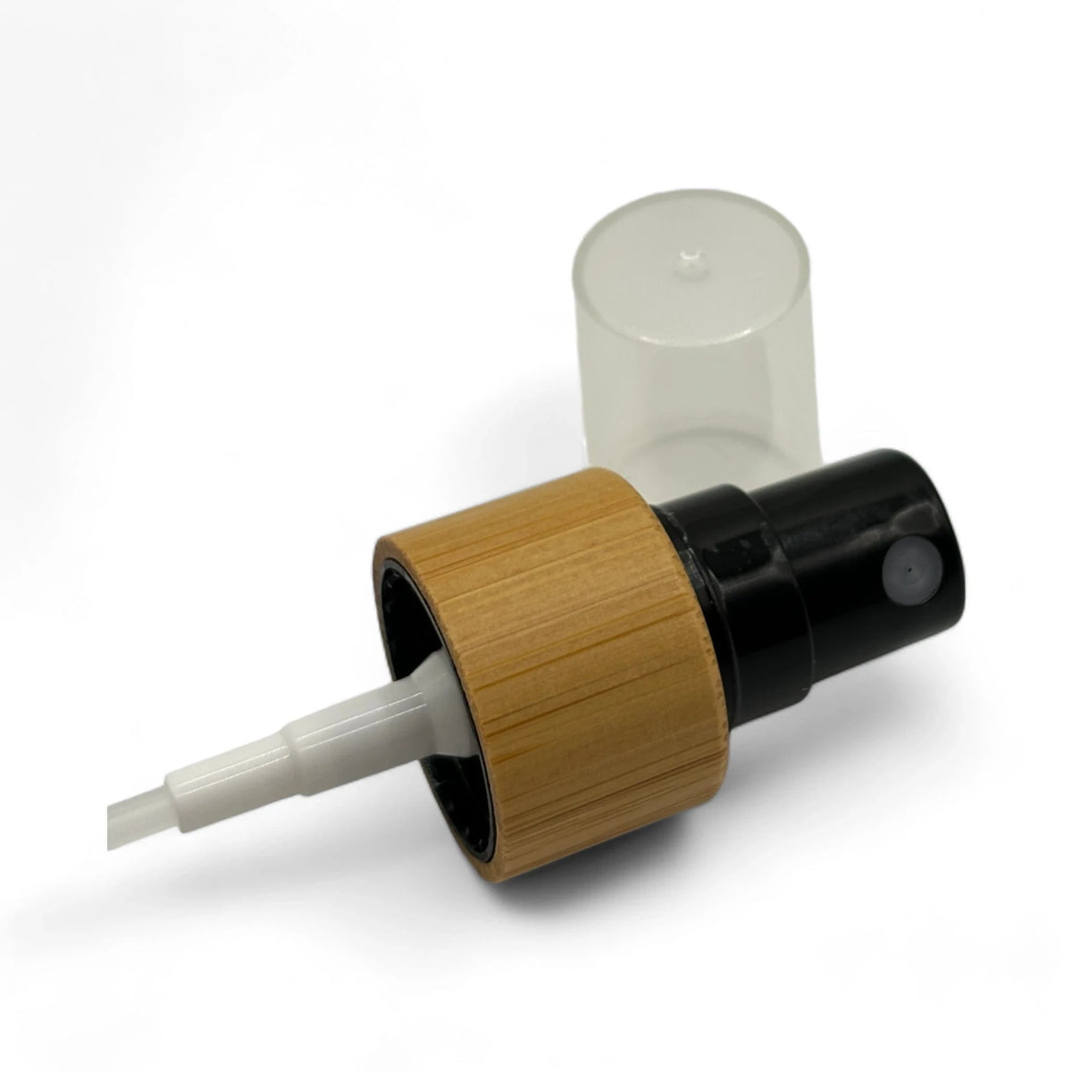 50ml Frosted Amber Glass Dropper Bottle with Black Atomiser with Bamboo Collar and Clear Over Cap