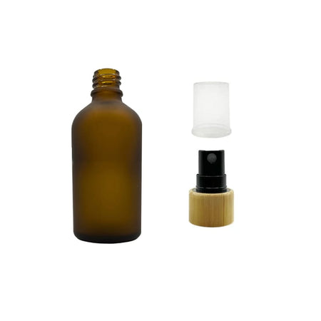 50ml Frosted Amber Glass Dropper Bottle with Black Atomiser with Bamboo Collar and Clear Over Cap