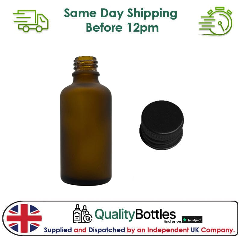 50ml Frosted Amber Glass Dropper Bottle with Black DIN18 Cap - Pack of 12