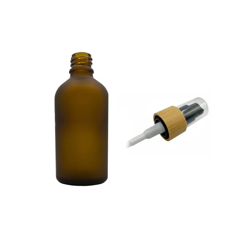 50ml Frosted Amber Glass Dropper Bottle with Black Lotion Pump with Bamboo Collar and Clear Over Cap