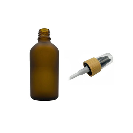 50ml Frosted Amber Glass Dropper Bottle with Black Lotion Pump with Bamboo Collar and Clear Over Cap
