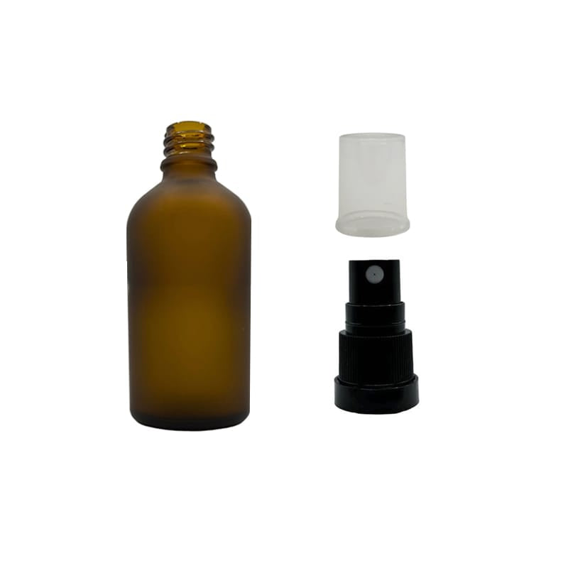 50ml Frosted Amber Glass Dropper Bottle with Black Tamper Evident Atomiser with Clear Over Cap (Type III)