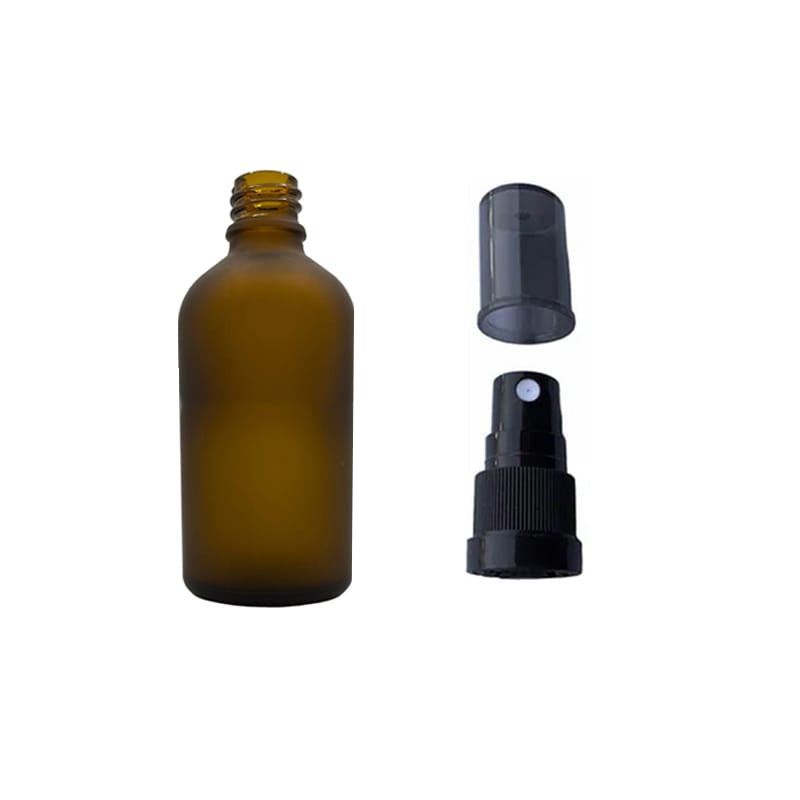50ml Frosted Amber Glass Dropper Bottle with Black Tamper Evident Atomiser with Dark Tinted Over Cap (Type III)