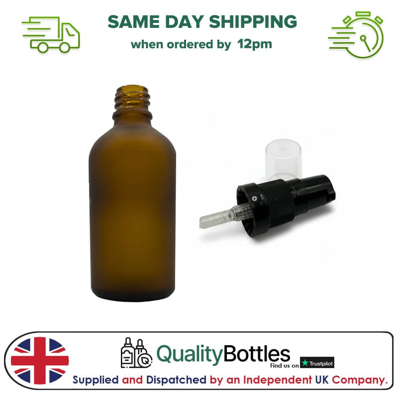 50ml Frosted Amber Glass Dropper Bottle with Black Tamper Evident Lotion Pump and Clear Over Cap (Type III) - Pack of 12