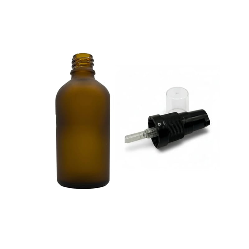 50ml Frosted Amber Glass Dropper Bottle with Black Tamper Evident Lotion Pump with Clear Over Cap (Type III)