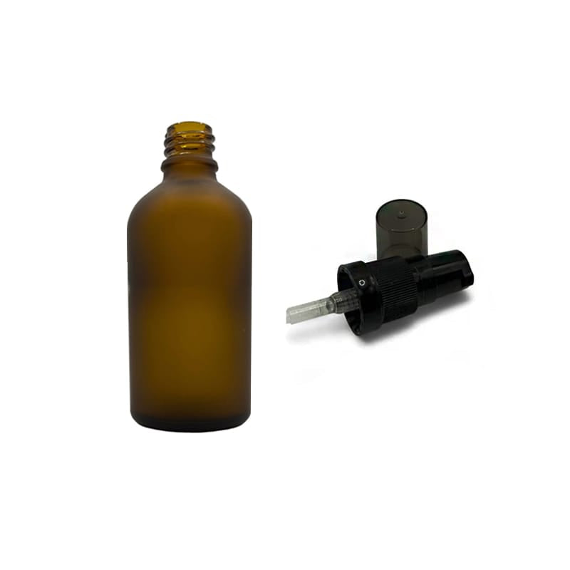 50ml Frosted Amber Glass Dropper Bottle with Black Tamper Evident Lotion Pump with Smoke Tinted Over Cap (Type III)