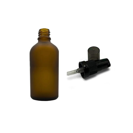 50ml Frosted Amber Glass Dropper Bottle with Black Tamper Evident Lotion Pump with Smoke Tinted Over Cap (Type III)