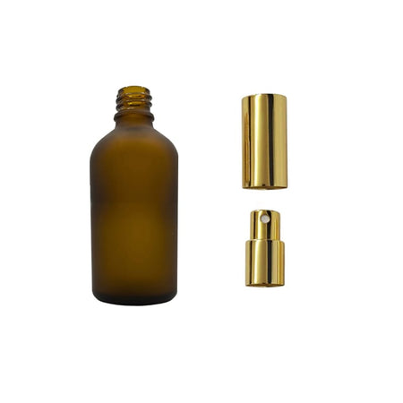 50ml Frosted Amber Glass Dropper Bottle with Gold Atomiser with Gold Over Cap