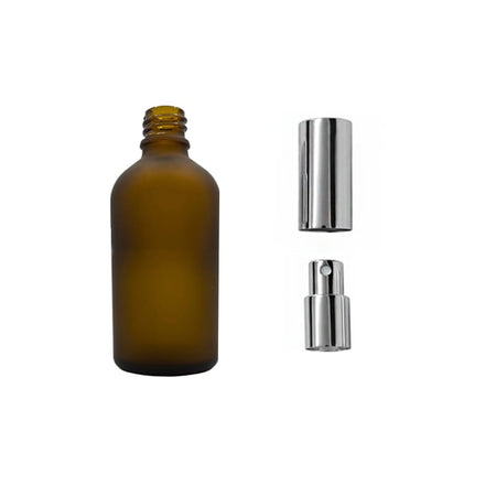 50ml Frosted Amber Glass Dropper Bottle with Silver Atomiser with Silver Over Cap