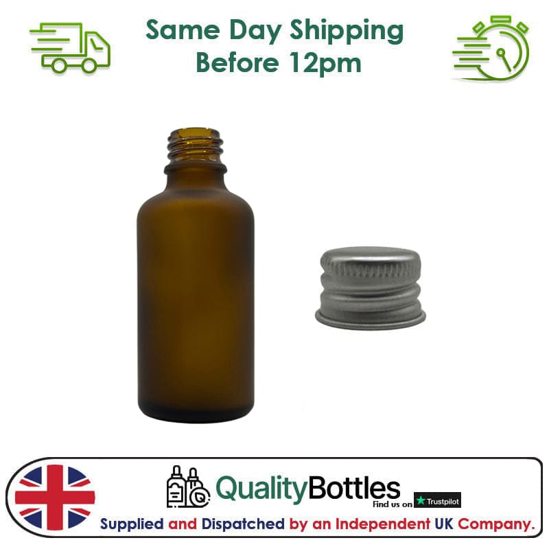 50ml Frosted Amber Glass Dropper Bottle with Silver DIN18 Cap - Pack of 12