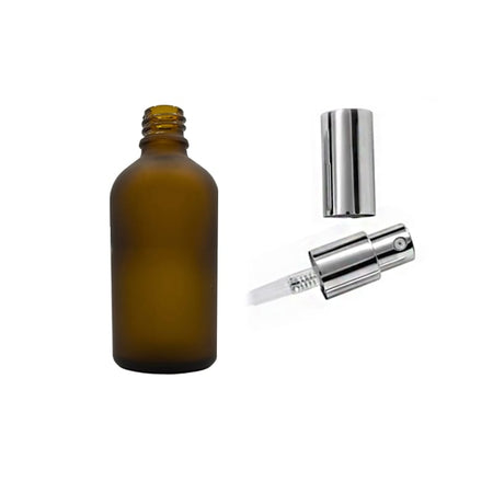 50ml Frosted Amber Glass Dropper Bottle with Silver Lotion Pump with Silver Over Cap