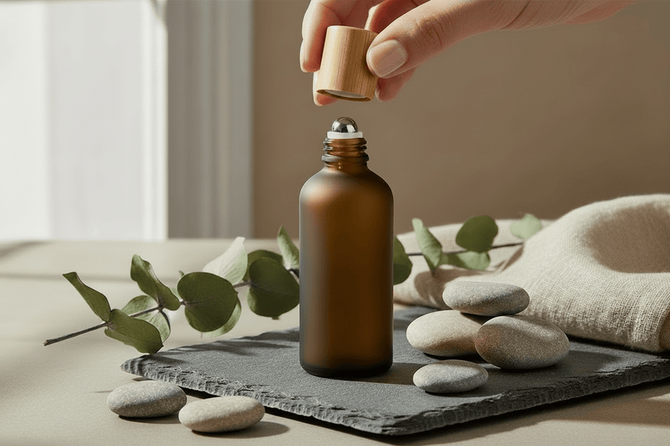 50ml Frosted Amber Glass Dropper Bottle with Stainless Steel Roller Ball Insert with Bamboo Cap