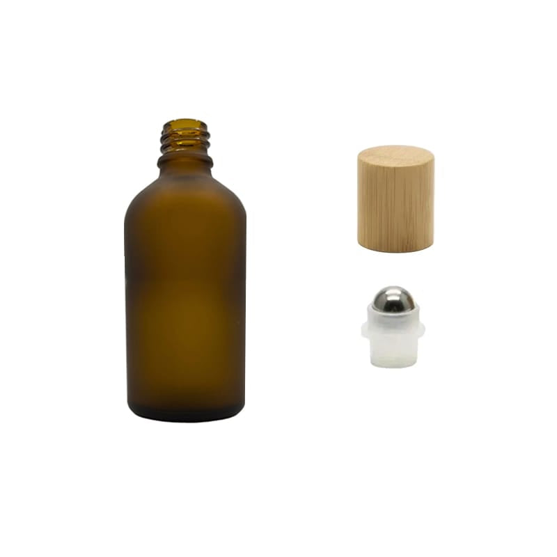 50ml Frosted Amber Glass Dropper Bottle with Stainless Steel Roller Ball Insert with Bamboo Cap