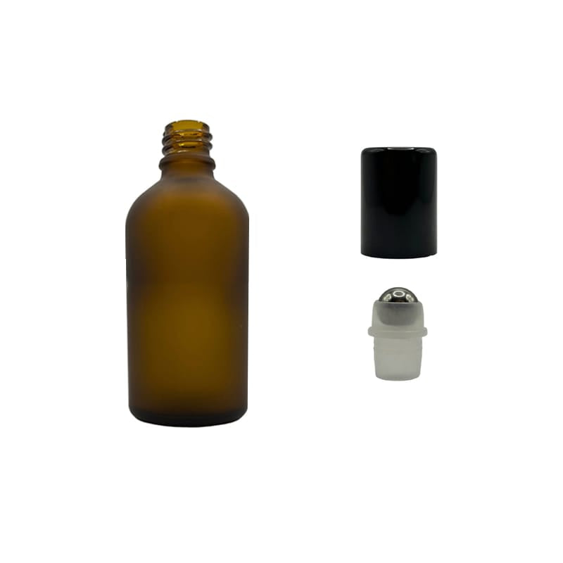 50ml Frosted Amber Glass Dropper Bottle with Stainless Steel Roller Ball with Metal Gloss Black Cap - Pack of 12