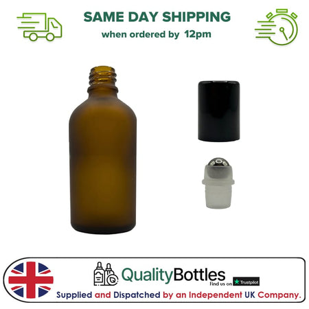 50ml Frosted Amber Glass Dropper Bottle with Stainless Steel Roller Ball with Metal Gloss Black Cap - Pack of 12