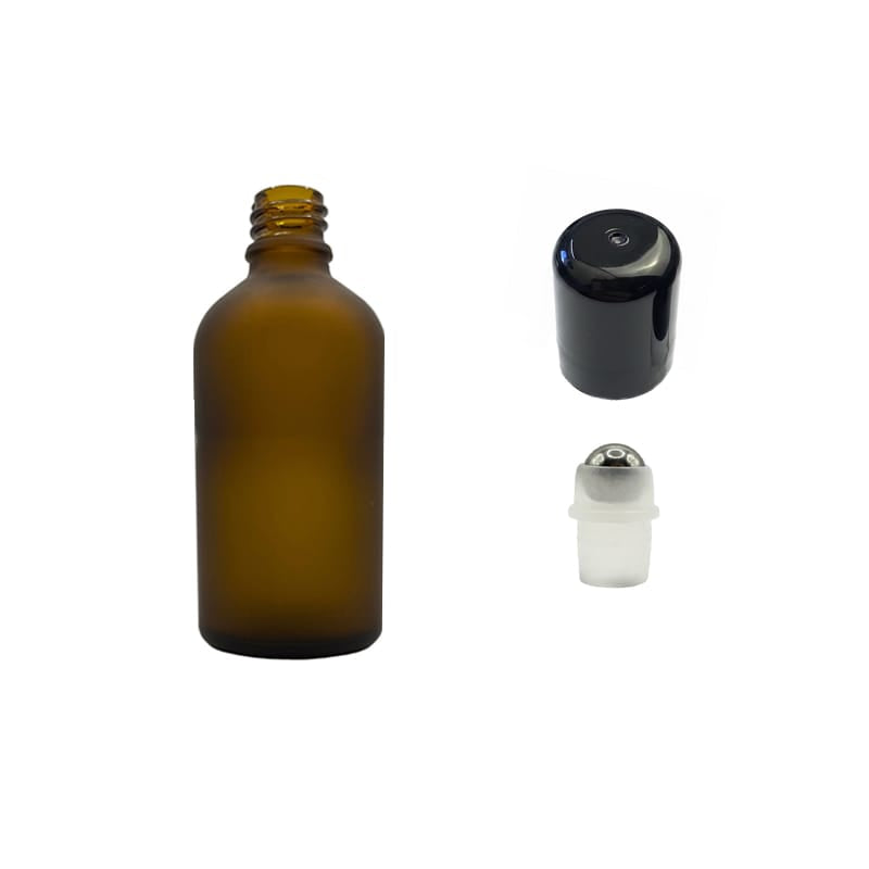 50ml Frosted Amber Glass Dropper Bottle with Stainless Steel Roller Ball with Plastic Black Cap
