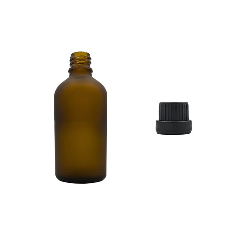 50ml Frosted Amber Glass Dropper Bottle with Tamper Evident Ribbed Black Cap and EPE Liner (Type III)