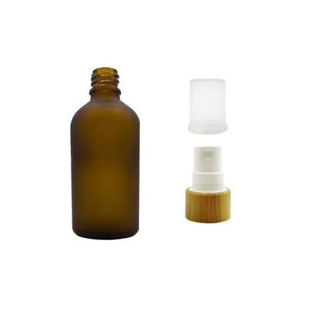 50ml Frosted Amber Glass Dropper Bottle with White Atomiser with Bamboo Collar and Clear Over Cap