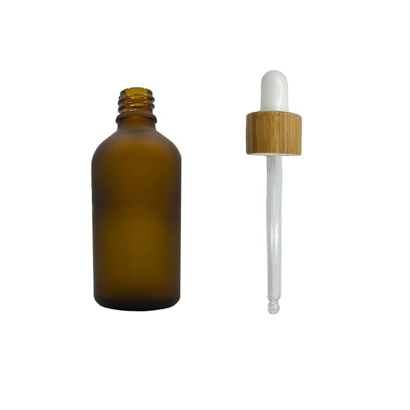 50ml Frosted Amber Glass Dropper Bottle with White Bamboo Dropper - Pack of 12
