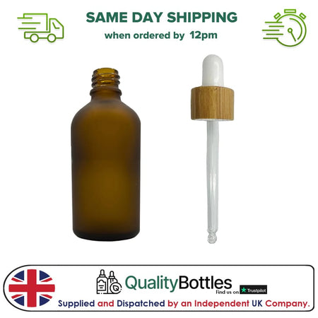 50ml Frosted Amber Glass Dropper Bottle with White Bamboo Dropper - Pack of 12