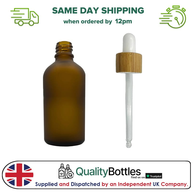 50ml Frosted Amber Glass Dropper Bottle with White Bamboo Dropper - Pack of 12