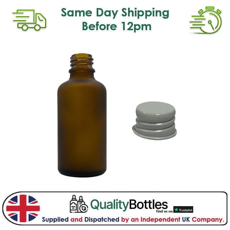 50ml Frosted Amber Glass Dropper Bottle with White DIN18 Cap - Pack of 12