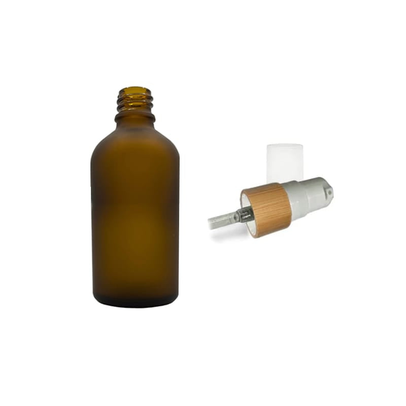 50ml Frosted Amber Glass Dropper Bottle with White Lotion Pump with Bamboo Collar and Clear Over Cap