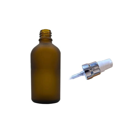 50ml Frosted Amber Glass Dropper Bottle with White Lotion Pump with Silver Collar and Clear Over Cap
