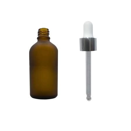 50ml Frosted Amber Glass Dropper Bottle with White & Silver Dropper