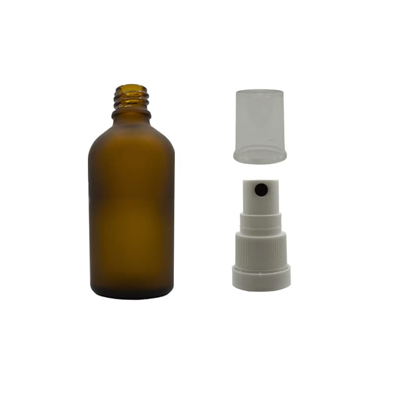 50ml Frosted Amber Glass Dropper Bottle with White Tamper Evident Atomiser with Clear Over Cap (Type III)