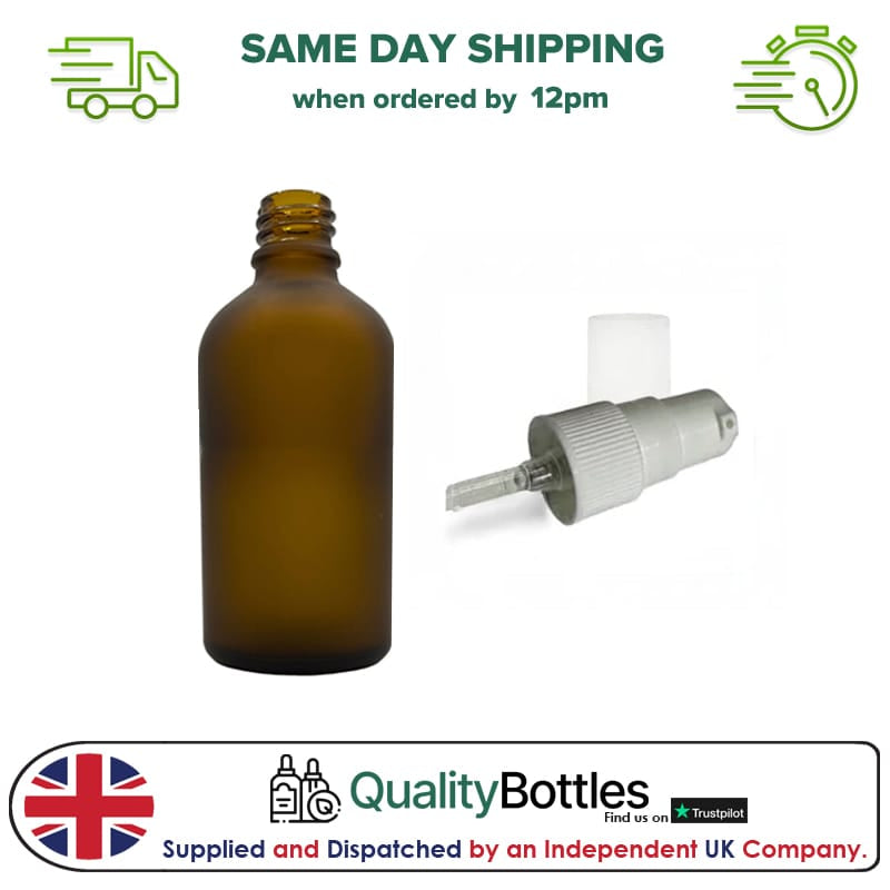 50ml Frosted Amber Glass Dropper Bottle with White Tamper Evident Lotion Pump and Clear Over Cap (Type III) - Pack of 12
