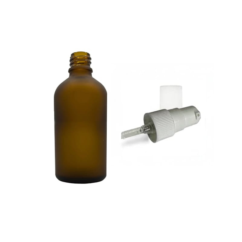 50ml Frosted Amber Glass Dropper Bottle with White Tamper Evident Lotion Pump and Clear Over Cap (Type III)