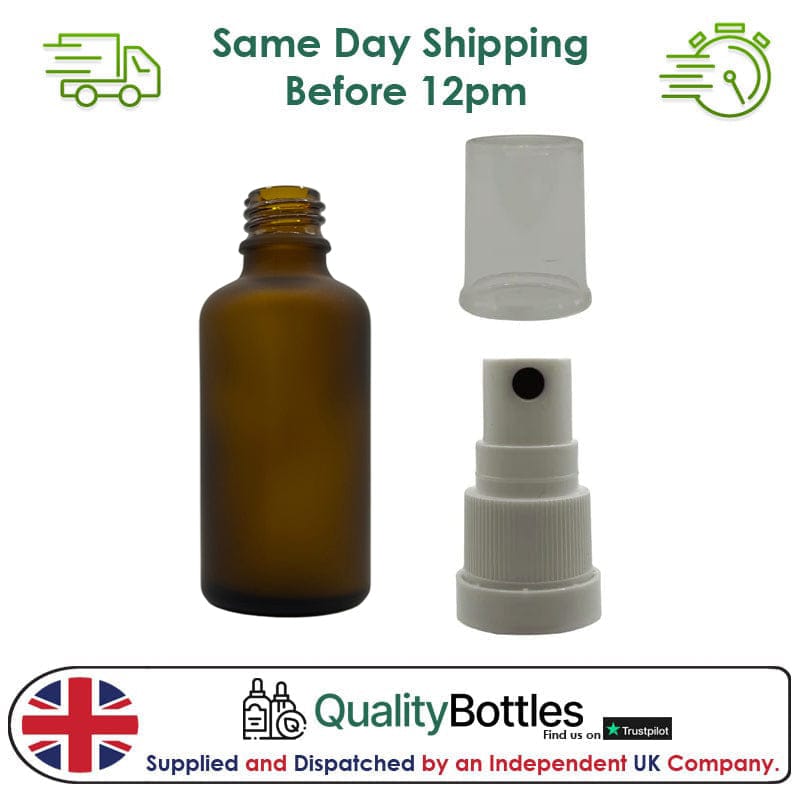 50ml Frosted Amber Glass Dropper Bottle with White TE Atomiser - Pack of 12